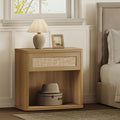 SICOTAS Night Stand 26" Wide Large Nightstands with Drawer & Shelf Storage Rattan Bedside Table Boho End Table Tall Bed Side Tables Night Stands for Bedroom Living Room Sofa Office Dorm, Amber Oak