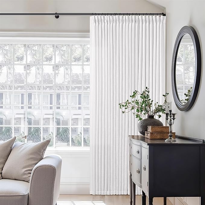 Extra Wide 108 Inch Long Curtains 70 Inch Wide Pinch Pleat Linen Curtains for Living Room Bedroom Light Filtering Privacy Pleated Drapes Hooks Rings Back Tab for Sliding Door White 1 Panel
