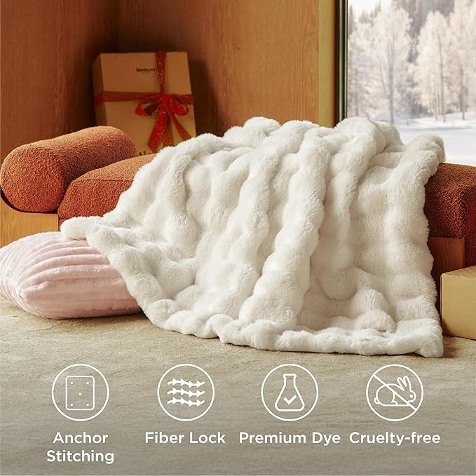 Bedsure GentleSoft Fluffy Faux Fur Throw XL Blanket, Fuzzy Soft Bubble Blanket for Couch Bed, Faux Fur Decor for Home Bedroom Living Room, Thick Warm Furry Cozy Gifts for Women, Cream, 50x70 Inch