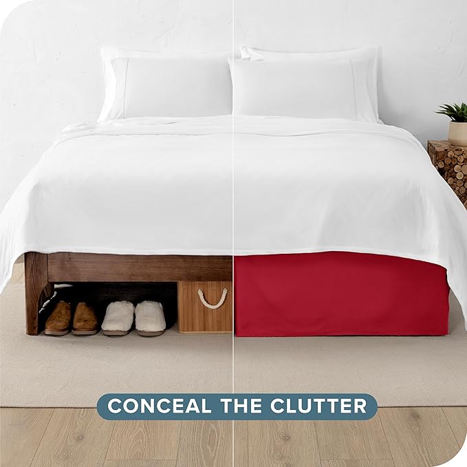 Bare Home Queen Bed Skirt - 15-Inch Tailored Drop Easy Fit - Bed Skirt for Queen Beds - Center & Corner Pleats (Queen, Red)