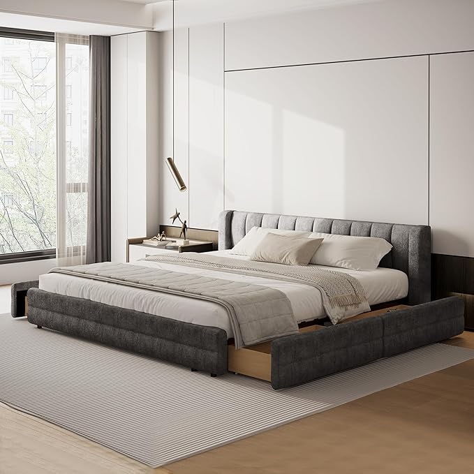 DEINPPA King Size Bed Frame with 4 Storage Drawers and Cloud Soft Headboard, Chenille Upholstered Grounded Wood Base Bed Frame, No Box Spring Needed-Dark Grey