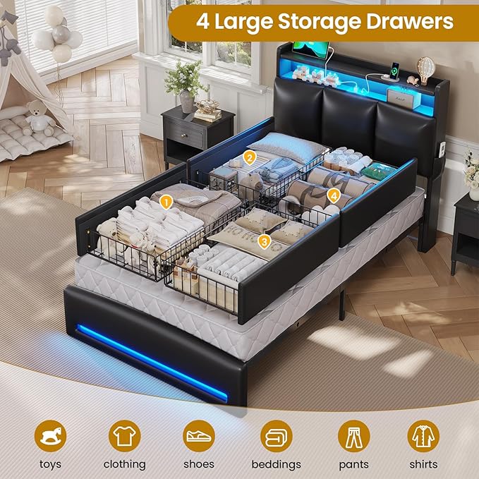 VIAGDO Twin Bed Frames with Storage Headboard and Charging Station, Leather Upholstered Bed Frame Twin Size with 4 Drawers and LED Lights, Type C and USB, No Box Spring Needed, Black