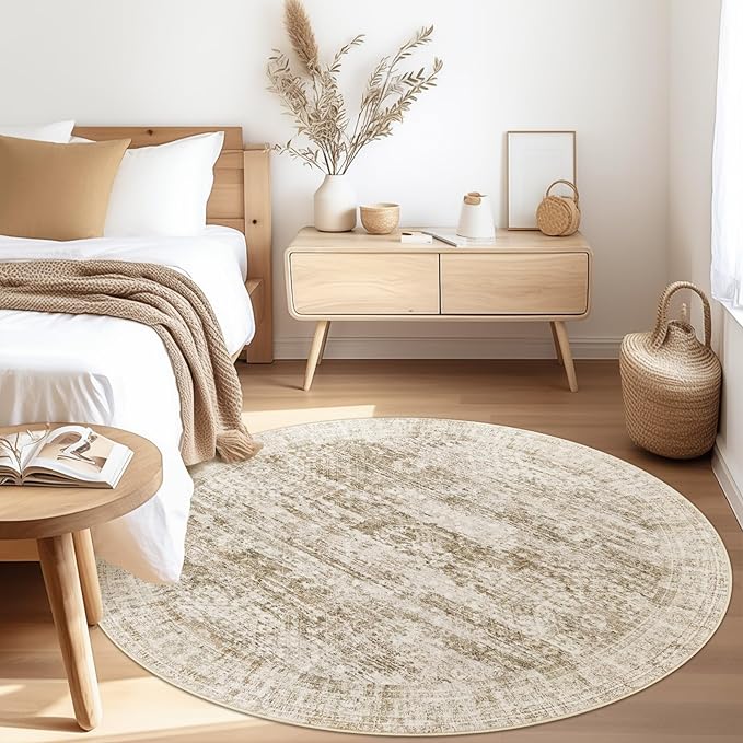 5x5 Brown Round Rug 5ft Living Room Circle Rug Vintage Round Area Rug Non Slip Indoor Carpet for Entryway Dining Room Bedroom