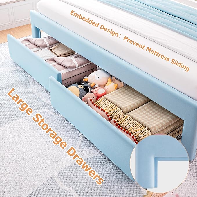 Velvet Upholstered King LED Bed Frame with 2 Storage Drawers and Adjustable Chic Double Wavy Headboard, Princess Platform Bed with Charing Station, Solid Wood Slats Support,No Box Spring Needed,Blue