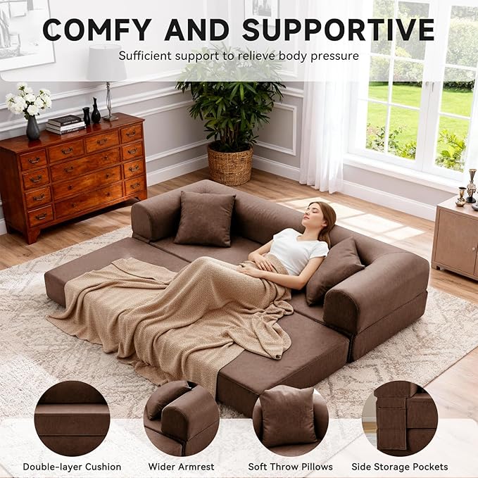 78.5" Convertible Sleeper Sofa Bed, Faux Leather Folding Floor Sofa with Pullout Bed&2 Pillows, No Assembly Modern Boneless Couch Compression Sofa in Box with Storage Pocket for Living Room, Brown
