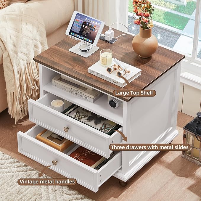 24" Wide Farmhouse Nightstand Set of 2 with Charging Station,End Table with 2 Drawers,Dresser for Bedroom Cabinet, Bed Side Table Chest of Drawers, Wood Night Stand for Living Room, Closet,White