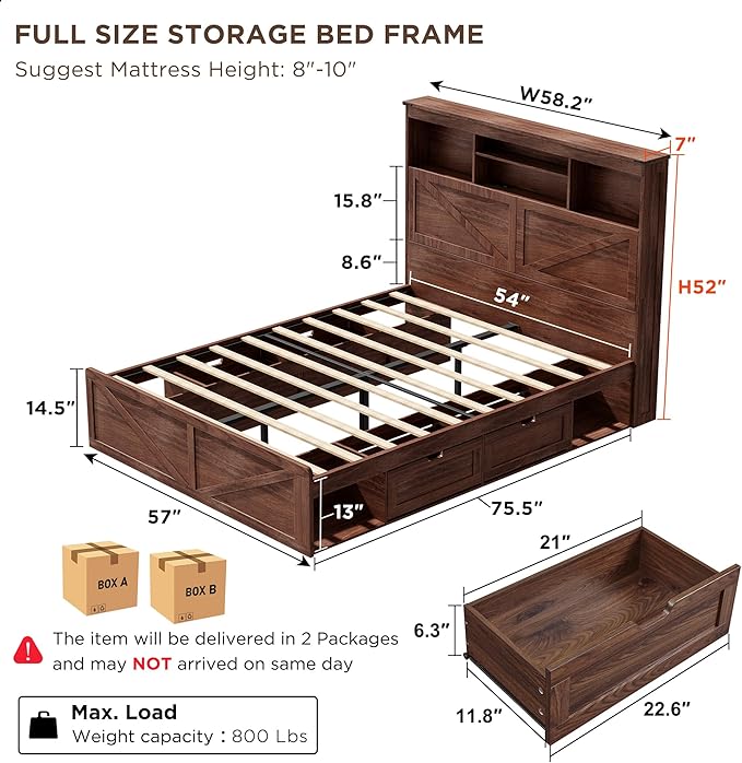 ACCOHOHO Farmhouse Full Size Bed Frame with 52" Tall Storage Headboard and LED Light,Wood Platform Bed Frame with 4 Drawers and Charging Station,Solid Wood Slats Support,No Box Spring Needed,Brown