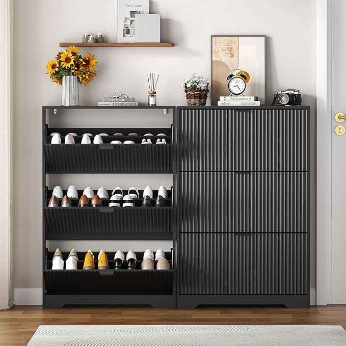 Shoe Cabinet Storage for Entryway with 3 Flip Drawers, Black Fluted Shoe Cabinet with Adjustable Shelves, Wooden Hidden Shoe Rack Freestanding Narrow Slim Shoes Storage for Hallway, Entrance