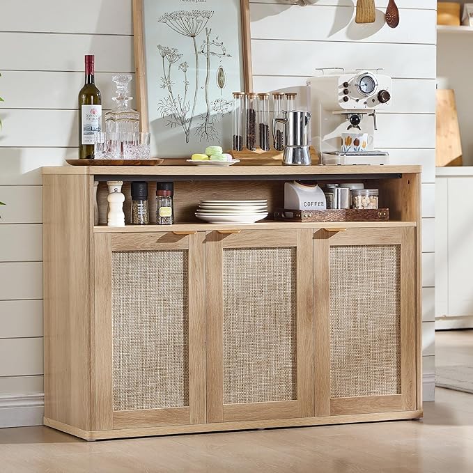 LEYAOYAO Rattan Sideboard Buffet Cabinet,45" Coffee Bar Cabinet with 3 Doors & Open Storage Shelf,Modern Credenza Console Table for Living Room Rattan Farmhouse entryway Natural