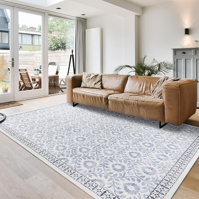 Gertmenian Indoor Boho Area Rug | Home Decor for Entryway, Bedroom, Living Room, Office, Kitchen | Non Slip, Soft, Printed Accent Rugs | Esme, Blue, 9x13 Extra Large, 24556