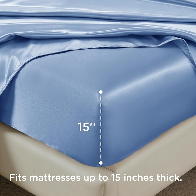 Bedsure Satin Sheets King Size - 4 Piece Silky Bedsheets with 15 Inches Deep Pocket Fitted Bedsheet,1 Flat Sheet, 2 Satin Pillowcases, Good for Hair & Skin (King, Sky Blue)