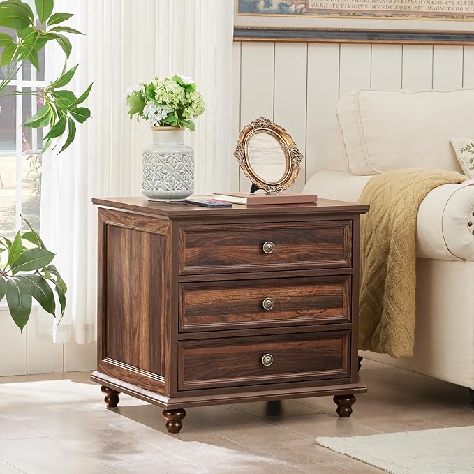 24" Wide Farmhouse Night Stand,Large End Table with 3 Drawers & Metal Handle,Wood Dresser for Bedroom Cabinet, Bed Side Table Chest of Drawers,Brown Nightstand for Living Room,Close