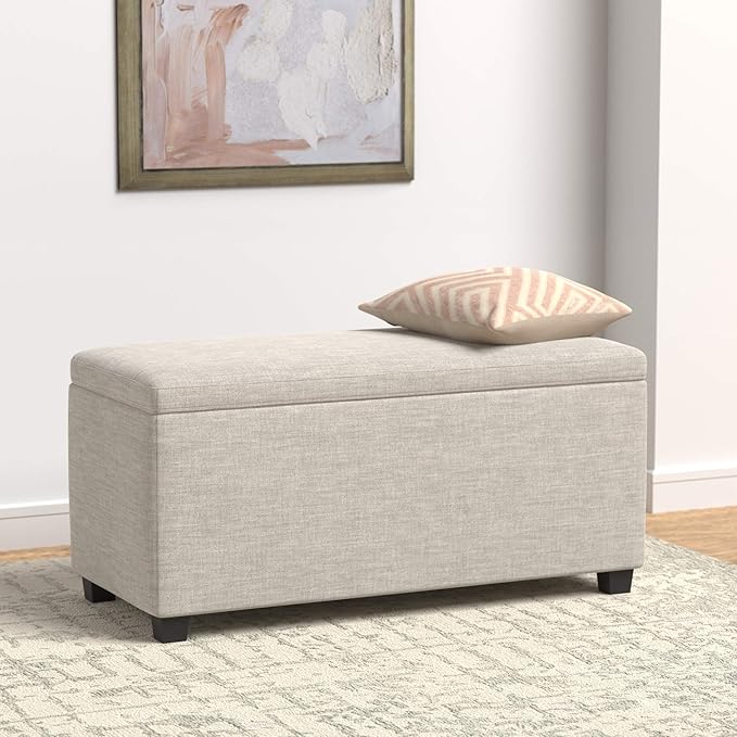 Amazon Basics Upholstered Storage Rectangular Ottoman and Entryway Bench, Polyester, Beige, 35.5"W x 16.5"D x 17"H