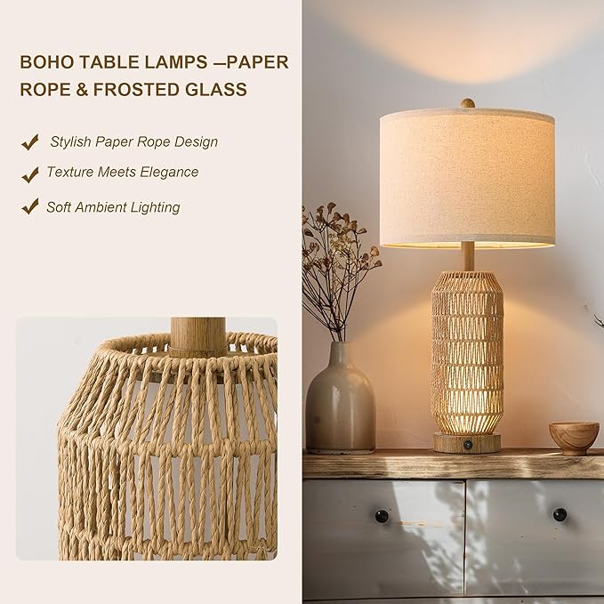 OYEARS 25" Table Lamps Set of 2 with Night Light,Bedside Lamps for Bedroom,Boho Lamps with USB C+A Charging Ports,Farmhouse Table Lamp with Rattan,Frosted Glass,Linen Shade (Wood Grain,Bulb Included)