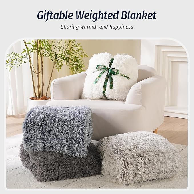 Wemore Shaggy Long Fur Faux Fur Weighted Blanket, Cozy and Plush Sherpa Long Hair Blanket for Adult 15lbs, Fluffy Fuzzy Sherpa Reverse Heavy Blanket for Bed, Couch, Backprint Navy Blue, 60 x 80 Inches