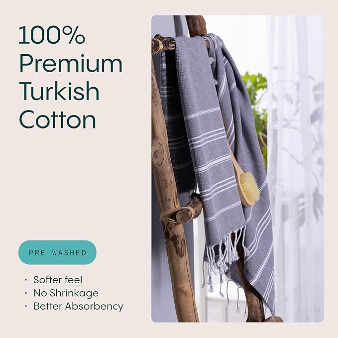 WETCAT Turkish Hand Towels with Hanging Loop, Set of 2 (20" x 30") 100% Turkish Cotton, Pre-Washed, Quick Drying, for Kitchen or Bathroom - Dark Gray