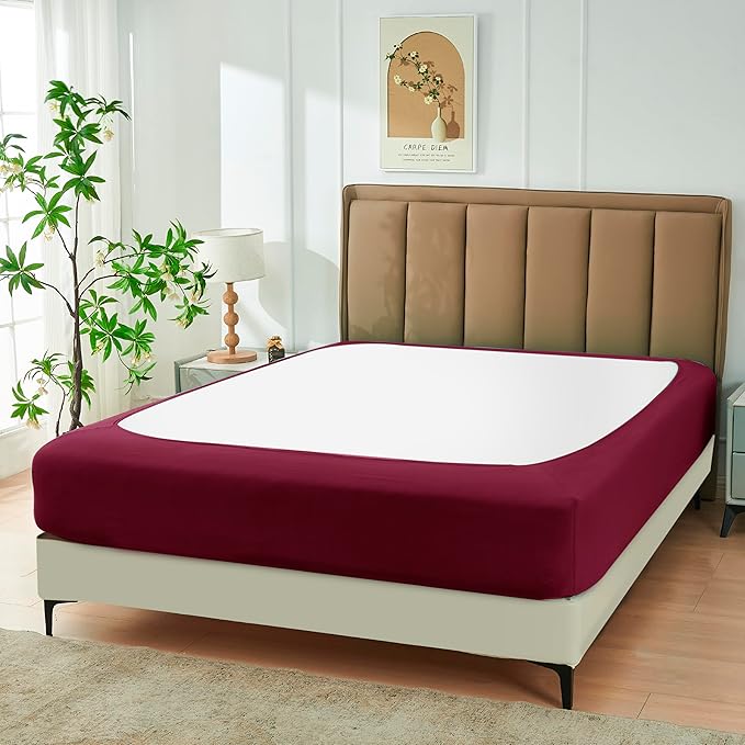 Biscaynebay Decorative Box Spring Cover King & Cal King Size, Burgundy Luxurious Jersey Knitting Stretchy Wrap Around 4 Sides Bed Skirt for Home/Hotels, Easy Fit Wrinkle & Fade Free Machine Washable