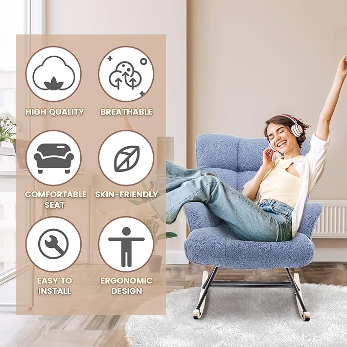 Rocking Chair Nursery Teddy Upholstered Glider Rocker Rocking Accent Chair Padded Seat with High Backrest Armchair Comfy Side Chair for Living Room Offices Bedroom(Sky Blue Teddy)
