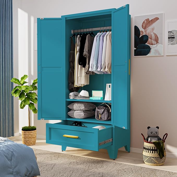 71" Tall Metal Armoire Wardrobe Closet with Removable Hanging Rod and Doors,Blue Armoire Wardrobe Cabinet for Garage Laundry Room Office