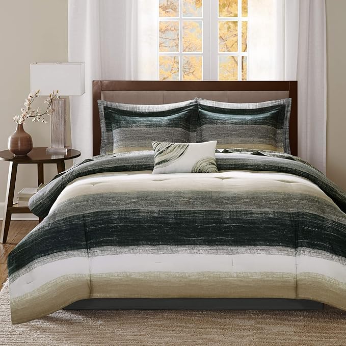 Madison Park Essentials Cal King Comforter Set, Bed in a Bag, Watercolor Print Coastal Comforter & Chambray Cotton Sheet Set, All Season Bedding Set, Saben, Taupe Cal-King (104 in x 92 in) 9 Piece
