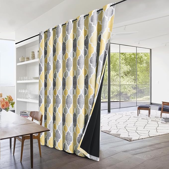 Beauoop 100% Blackout Curtains 84 Inches Long for Patio Sliding Door Yellow Grey Extra Wide Moroccan Geo Room Darkening Thermal Soundproof Room Divider Grommet Window Treatment Drapes,100x84 Set of 1