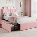 Twin XL Bed Frame with Storage Headboard and 2 Drawers, Boucle Upholstered Platform Bed with Bookcase, Modern Kids Twin XL Bed Frames for Small Rooms, No Box Spring Needed, Easy Assembly, Light Pink