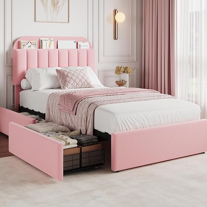 Twin XL Bed Frame with Storage Headboard and 2 Drawers, Boucle Upholstered Platform Bed with Bookcase, Modern Kids Twin XL Bed Frames for Small Rooms, No Box Spring Needed, Easy Assembly, Light Pink