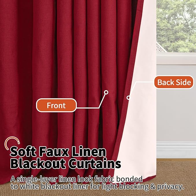 Red Linen Blackout Christmas Curtains for Living Room - Thermal Insulated Heavy Curtains 84 Inch Long, Thick Light Blocking Soundproof Curtains for Winter Bedroom Each 52x84 Inch 2 Panels