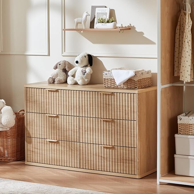 LEYAOYAO Fluted 6 Drawers Dresser for Bedroom, 48" Wide Modern Chest of Drawers with Metal Handle, Natural Curved Profile Farmhouse Closet Organizer Wood Dressers TV Stand for Living Room, Hallway