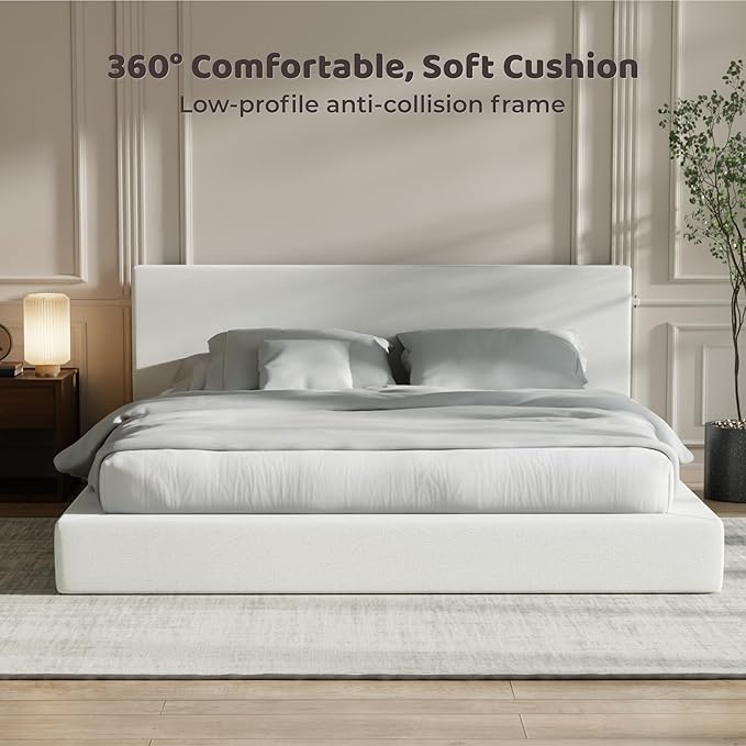 RECCI Cloud Upholstered King Bed Frame with Headboard, 5 Inch Foam Padded Platform, No Box Spring, Easy Assembly (Snow White)