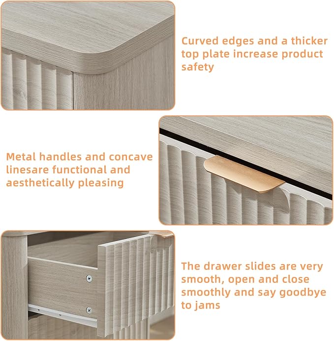 LEYAOYAO Fluted Farmhouse Nightstand Set of 2 with Charging Station, 23" Wide 3 Drawers Night Stand,LightGrey Dresser for Bedroom,Bed Side Table Chest of Drawers,Wood End Table for Living Room
