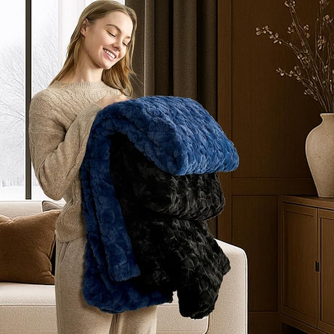 Cozy Bliss Faux Fur Throw Blanket for Couch, Fuzzy Soft Plush Thick Warm Fluffy Reversible Wave Textured Blanket for Sofa Bedroom Living Room, 55 * 70 Inches Navy Blue