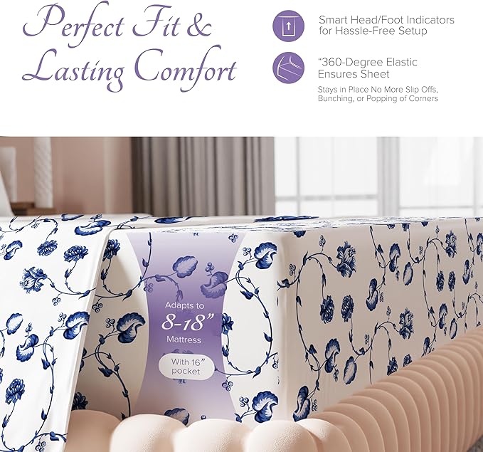 Carressa Linen Luxury Egyptian Cotton Queen Printed Sheet Set - 600 Thread Count Extra Long Staple 4 PC Set, Blossom Azure Queen Printed Sheets, Soft, Cooling Sheets Upto 18 in Deep Pocket