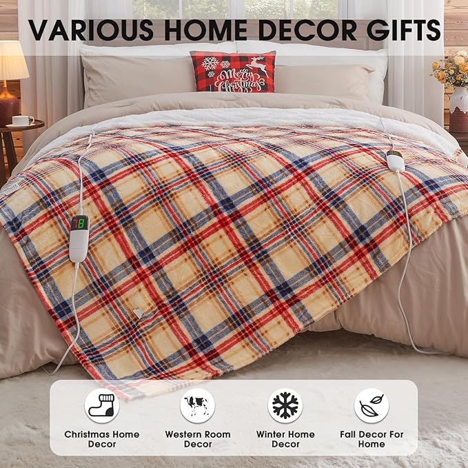 Heated Electric Blanket Queen Size, 84X90 Heating Blanket Queen with Dual Control&10 Heats Levels&Timer for Bed,Brown Plaid Sherpa Soft Blankets Warmer Gift for Grandma Women Adults, Washable