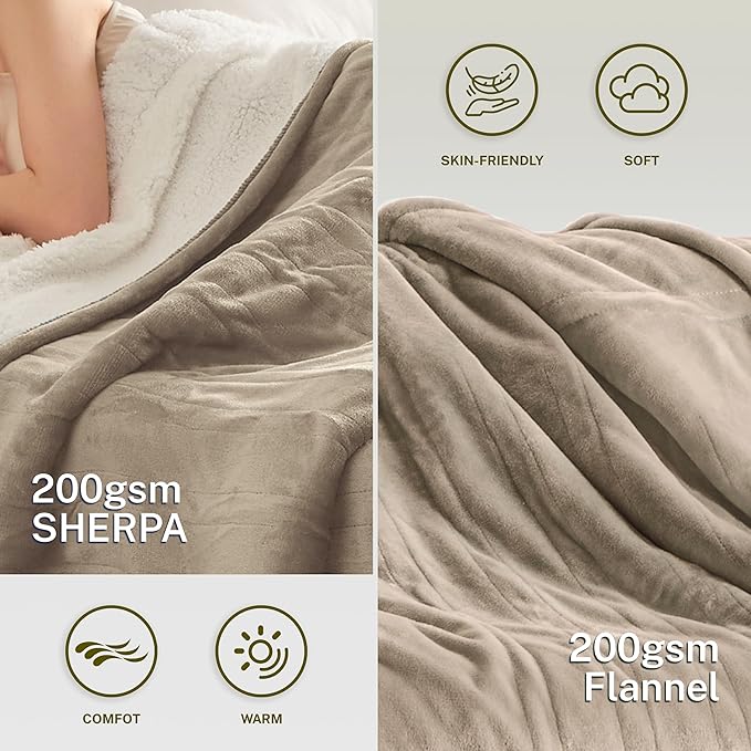 Heat Blanket 84”x90” Queen Size-Dual Control，Soft Flannel & Sherpa Electric Blanket with 10 Heat Settings,12 Timer Setting and 8 Hours Auto-Off,ETL Certified Machine Washable,Light Brown