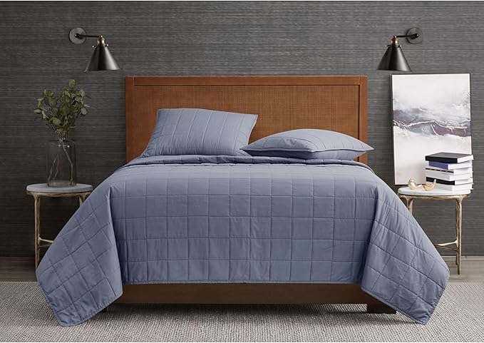 London Fog Garment Washed Solid Quilt Set Blue Microfiber 3-Piece Full/Queen Quilt Set, Solid Themed, Adult and Teen, Oeko-TEX Certified