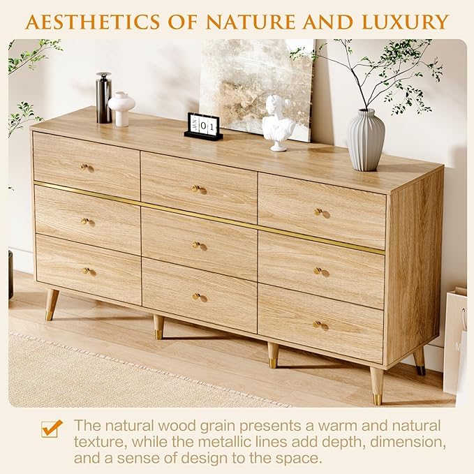 9 Drawer Dresser,63" Wide Mid Century Modern Chest of Drawers,Wooden Bedroom Drawer Dresser with 9 Storage Drawers for Bedroom, Living Room,with Anti-Tipping Device,Natural
