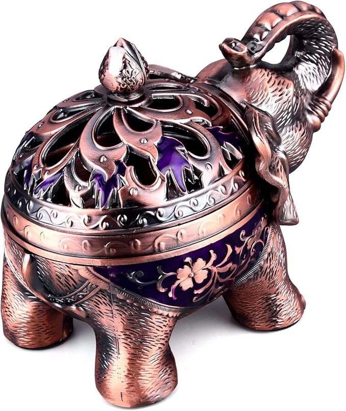 K COOL Metal Backflow Incense Holder Elephant Cone Incense Burner Candle Holder with Lid, Aromatherapy Ornament Home Office Decoration for Indoor Outdoor (Purple)