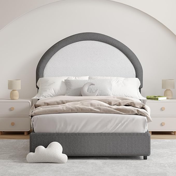 Twin Bed Frames with Headboard, Boucle Upholstered Platform Bed, Grey Bed Frame, Soft Rounded Corners, No Box Spring Needed, Easy Assembly