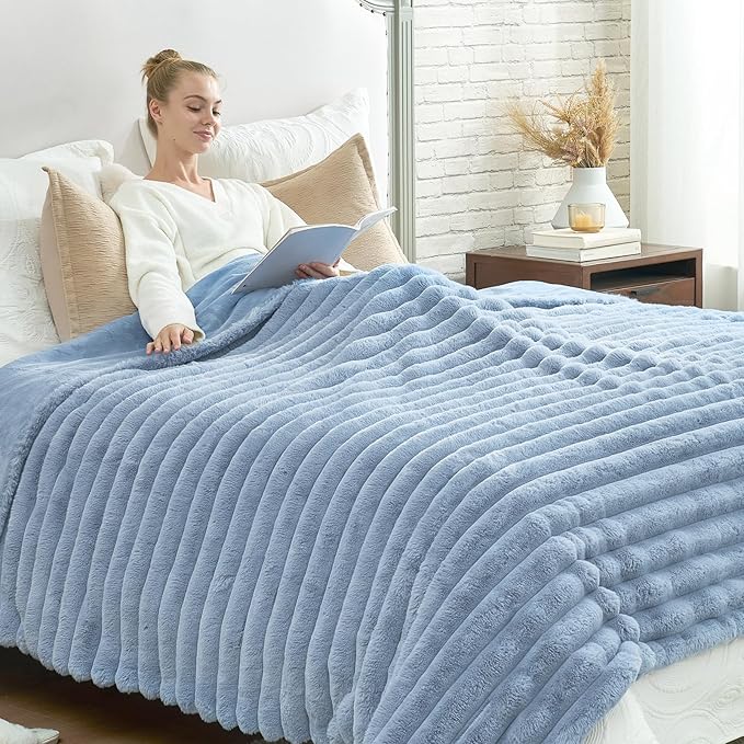 Cozy Bliss Faux Fur Throw Blanket for Couch, Cozy Warm Plush Striped Blanket for Sofa Bedroom Living Room, 108 * 90 Inches Light Blue