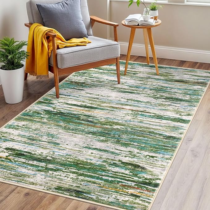 3x5 Modern Abstract Area Rug for Entryway, Green Grey Multi Super Soft Washable Rug with Non-Slip, Low-Pile Door Mat Indoor for Living Room Bedroom, Carpet with Non-Shedding