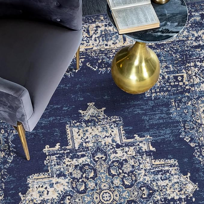 vivorug 6x9 Area Rugs, Ultra-Soft Washable Rug for Living Room Dinner Room Bedroom, Non-Slip Vintage Rug, Indoor Carpet Large Area Rug, Navy Blue