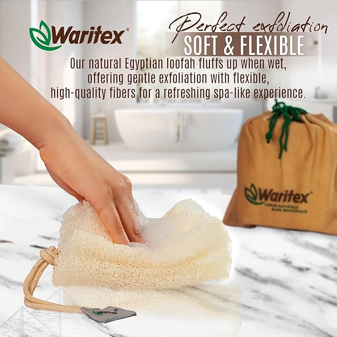Waritex Premium Natural Egyptian Loofah Sponges, Made from 100% Natural Organic Material, Gentle Skin Exfoliation, and Full-Body Spa Experience – Eco-Friendly Loofah 3 Count (1 Pack)