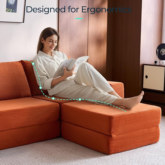 LINSY HOME Convertible Sofa Bed with 2 Pillows & Ottoman, Boneless Couch Folding Modular Sectional Sleeper Sofa, L Shaped Sofas Corduroy Couch Bed Compression Sofa for Living Room Apartment, Orange