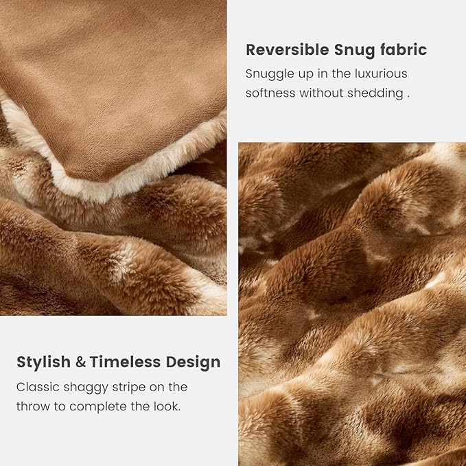 Cozy Bliss Faux Fur Throw Blanket for Couch, Fuzzy Soft Plush Thick Striped Blanket for Sofa Bedroom Living Room, 60 * 80 Inches Tie-dye Brown
