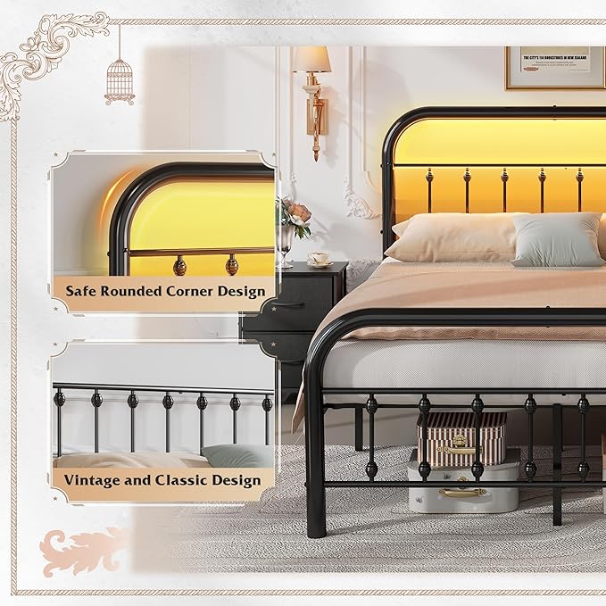WLIVE Metal Platform Bed Frame, Queen Bed Frame with Headboard, Bed Frames with LED Lights and Charging Station, 1500LBS Mattress Foundation, Under Bed Storage, No Box Spring Needed, Black
