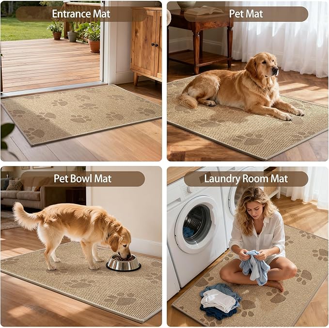 Door Mat Indoor Entrance 17"x30", 0.16" Thin Paw Print Low Pile Doormat, Non Slip Welcome Mat, Trap Dirt and Moisture, Easy Clean, Brown