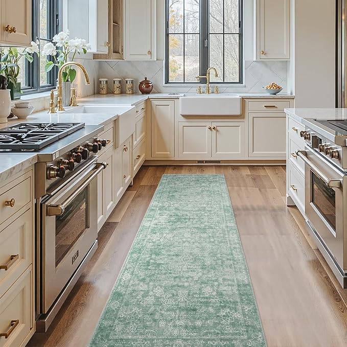 jinchan Runner Rug 2x5 Green Kitchen Rug Hallway Runner - Machine Washable Vintage Floral Non-Slip Low Pile Soft Ultra-Thin Distressed Carpet for Entryway Farmhouse Bedroom Laundry Room (2’x5’, Green)