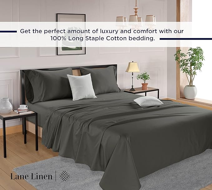 LANE LINEN Queen Size Bed Sheets Set – 600 Thread Count 100% Natural Cotton Cooling Sheets, Hotel Luxury Soft Sateen Finish, Snug Fit 15" Deep Pocket Elasticized Fitted Sheet – Charcoal