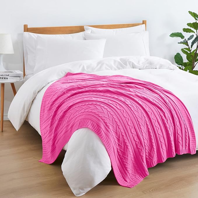 Aormenzy Hot Pink Cable Knit Throw Blankets for Couch Bed Sofa, Acrylic Knitted Blanket, Soft Cozy Throw Blanket, 50" x 60"